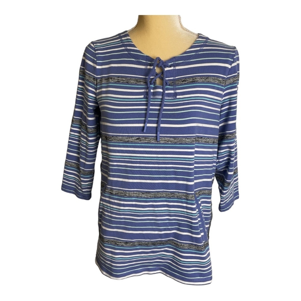 T by Talbots Knit Top Striped V-Neck Cotton Stretch Size M Blue‎ Purple